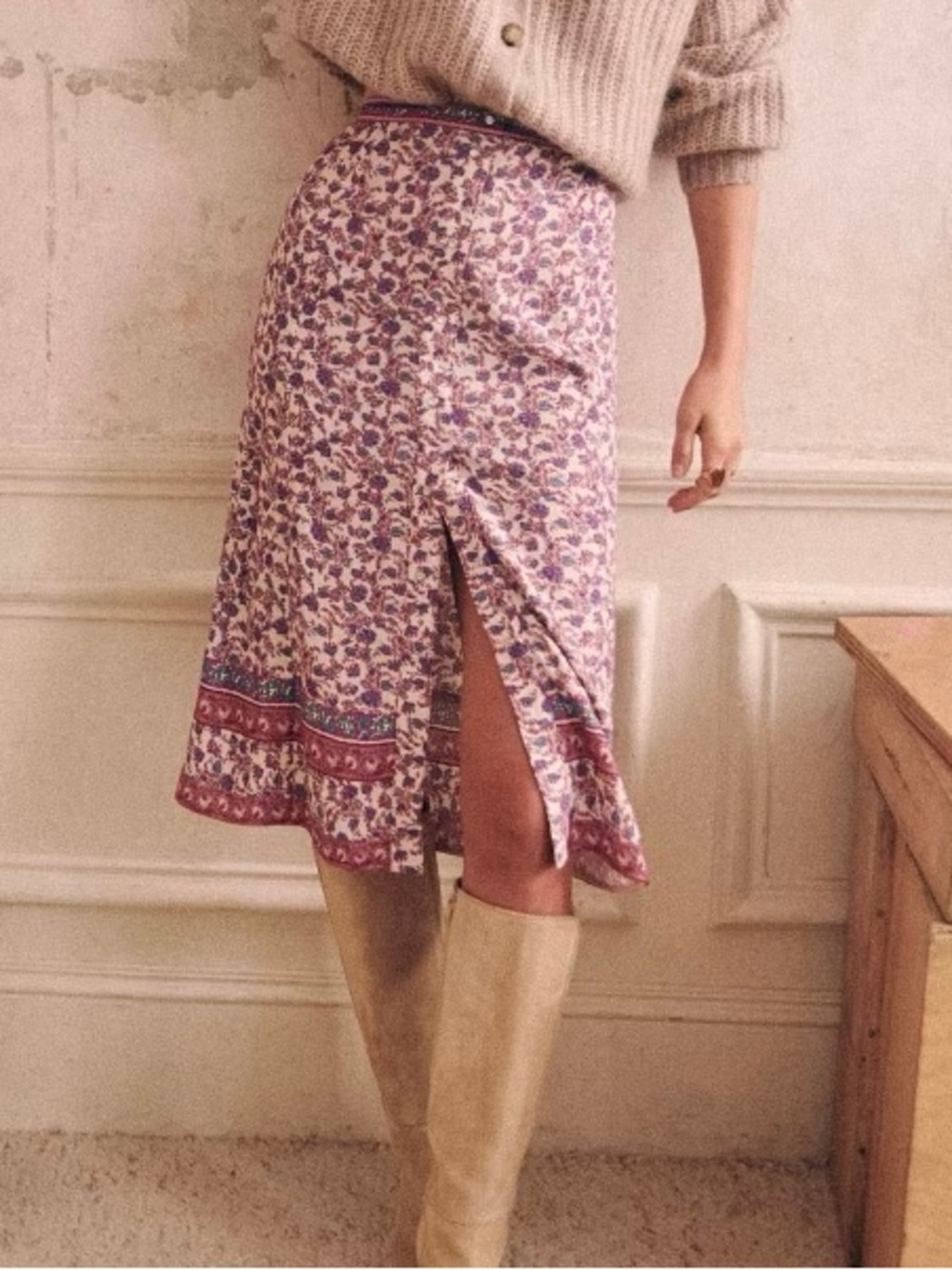 SEZANE Purple Pink Blue & Ecru Boho Floral Printed Button Down Raf Midi Skirt